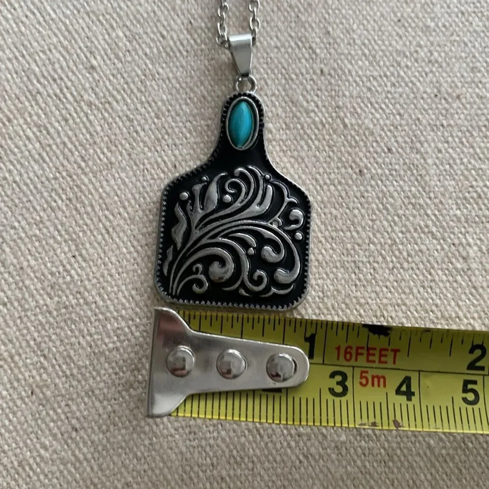 Men’s Western Cow Tag Pendant Necklace Silver Tone with Turquoise Accent